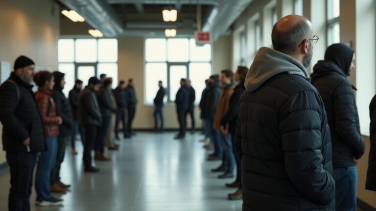 مركز استقبال للاجئين في السويد مع أشخاص ينتظرون في صف