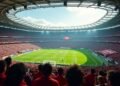 صورة لملعب كرة قدم مزدحم بالمشجعين قبل مباراة الأهلي وJSK