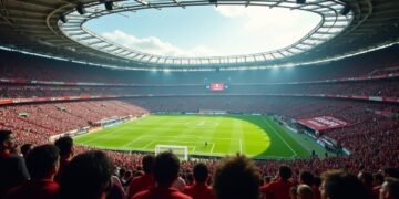 صورة لملعب كرة قدم مزدحم بالمشجعين قبل مباراة الأهلي وJSK