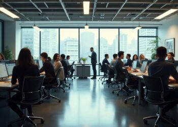 مشهد لمكان عمل حديث مع موظفين من خلفية متنوعة مشتركين في مهامهم