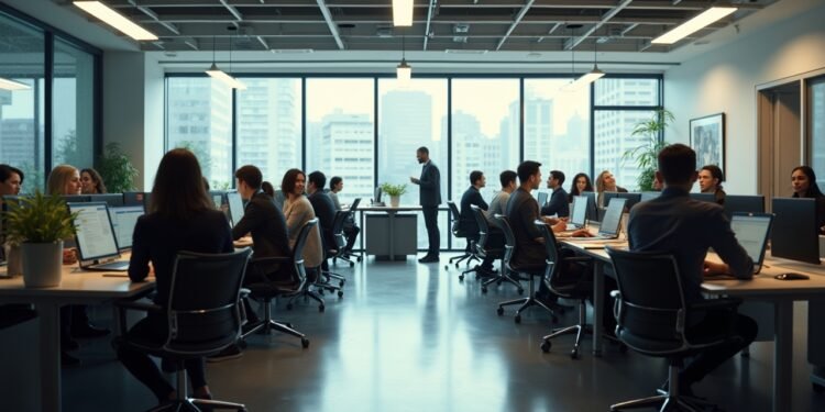 مشهد لمكان عمل حديث مع موظفين من خلفية متنوعة مشتركين في مهامهم