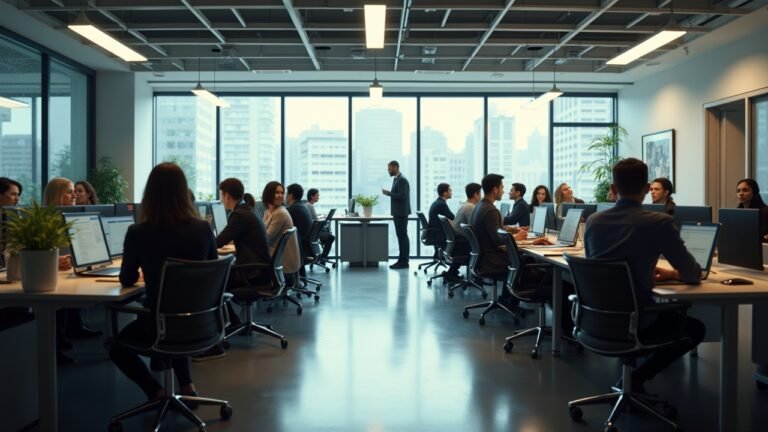 مشهد لمكان عمل حديث مع موظفين من خلفية متنوعة مشتركين في مهامهم