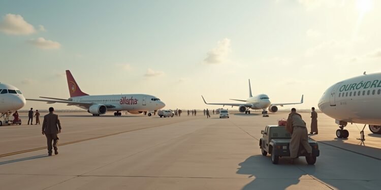 صورة واقعية لمطار يظهر طائرات متوقفة، تعكس تأثير التوترات الدبلوماسية بين الجزائر والإمارات