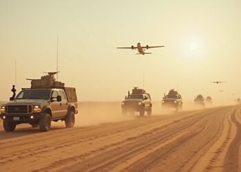 صورة لعملية عسكرية في الصحراء السورية تعرض ضوء القصف والمركبات العسكرية