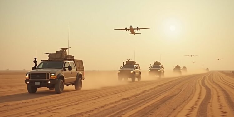 صورة لعملية عسكرية في الصحراء السورية تعرض ضوء القصف والمركبات العسكرية
