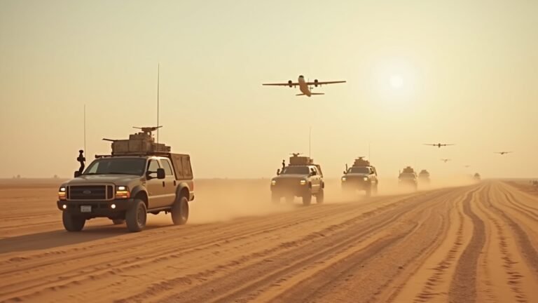 صورة لعملية عسكرية في الصحراء السورية تعرض ضوء القصف والمركبات العسكرية