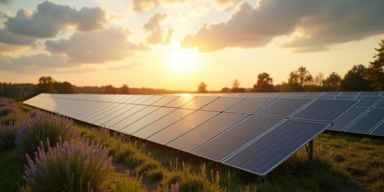 صورة حقل الطاقة الشمسية في ألمانيا يوضح الألواح الشمسية تحت أشعة الشمس الساطعة