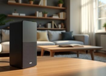 جهاز إيكو دوت ماكس في غرفة معيشة حديثة مع إضاءة طبيعية.