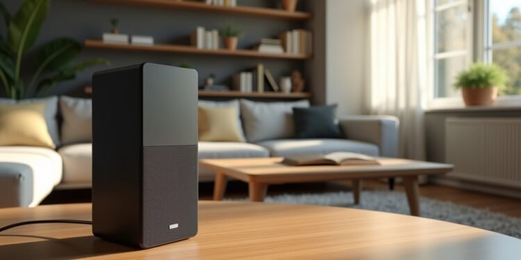 جهاز إيكو دوت ماكس في غرفة معيشة حديثة مع إضاءة طبيعية.