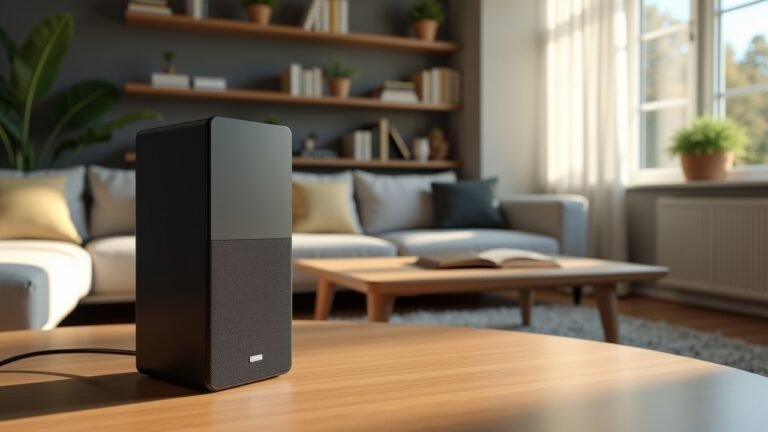 جهاز إيكو دوت ماكس في غرفة معيشة حديثة مع إضاءة طبيعية.