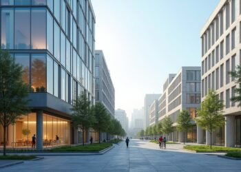 صورة لمباني معاصرة مصنوعة من الزجاج الصوتي، تظهر ميزات تقليل الضوضاء الحضرية