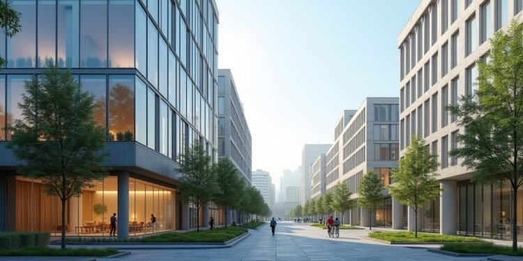 صورة لمباني معاصرة مصنوعة من الزجاج الصوتي، تظهر ميزات تقليل الضوضاء الحضرية