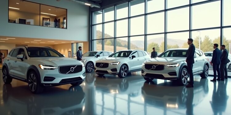 صورة حقيقية لمعرض سيارات فولفو يحتوي على مجموعة من السيارات الكهربائية القابلة للبيع.