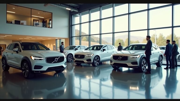 صورة حقيقية لمعرض سيارات فولفو يحتوي على مجموعة من السيارات الكهربائية القابلة للبيع.