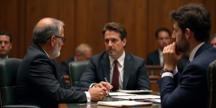 لقطة من محاكمة مارك زوكربيرغ في المحكمة، حيث تتواجد هيئة المحلفين والمحامين بحضور الجمهور.