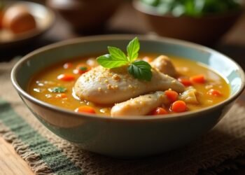 صورة واقعية لحساء الدجاج المنزلي مع الخضروات في وعاء.