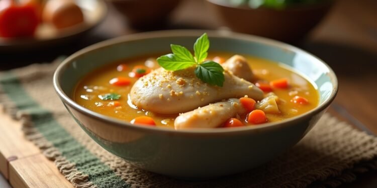 صورة واقعية لحساء الدجاج المنزلي مع الخضروات في وعاء.