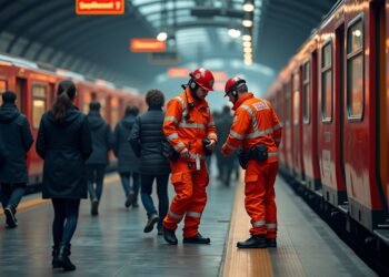 المشهد التفاعلي لحادث تعرض موظف قطار لهجوم، مع استجابة الطوارئ والعناية بالضحية.