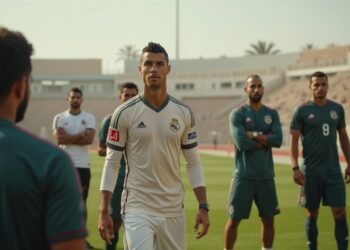 ملعب كرة القدم في السعودية مع كريستيانو رونالدو في وضعية جدلية، محاطاً بالصحفيين الرياضيين.