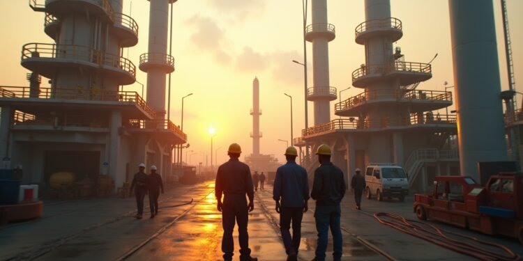 نزل أحد العمال في منشأة إنتاج النفط في نيجيريا بينما يدير آخر العمليات.