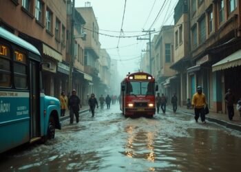 صورة لفيضانات مدينة في شمال المغرب بتفاصيل دقيقة، تظهر الناس في حالة إخلاء.