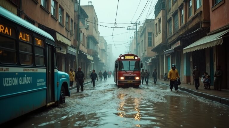صورة لفيضانات مدينة في شمال المغرب بتفاصيل دقيقة، تظهر الناس في حالة إخلاء.