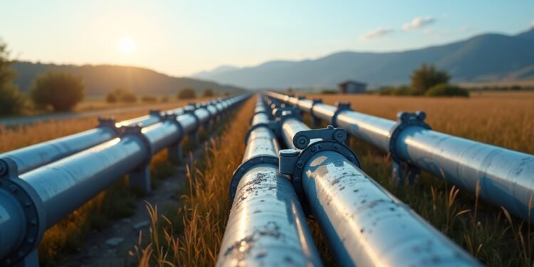 منظر واقعي لمعاينة أنابيب الغاز في منطقة صناعية بأوروبا الجنوبية