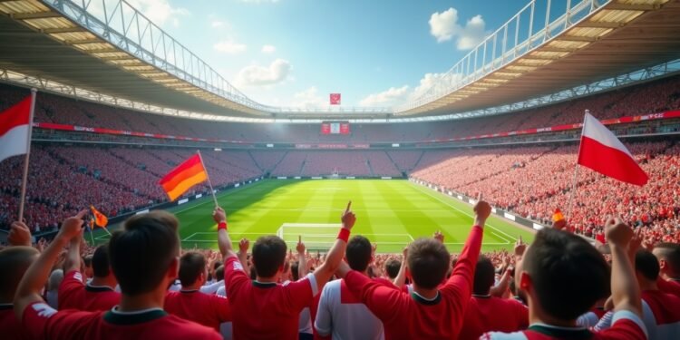 جماهير في ملعب حماسية أثناء أحداث كأس العالم 2026، تمثل الشغف لكرة القدم