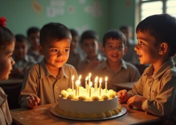 A classroom scene depicting Iraqi children celebrating a birthday with a cake during the 1990s