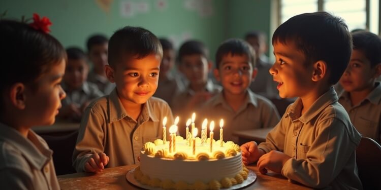 A classroom scene depicting Iraqi children celebrating a birthday with a cake during the 1990s