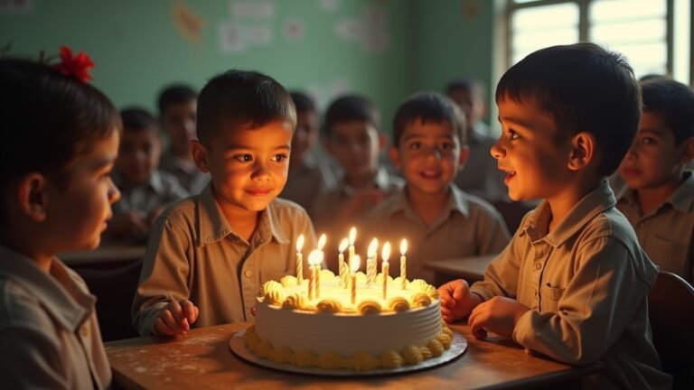 A classroom scene depicting Iraqi children celebrating a birthday with a cake during the 1990s