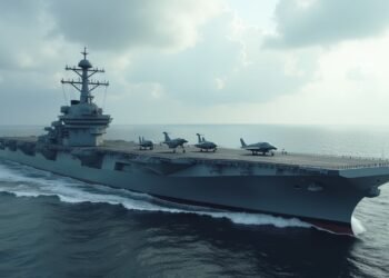 صورة حاملة الطائرات فوجيان الصينية في البحر مع طائرات عسكرية على السطح.