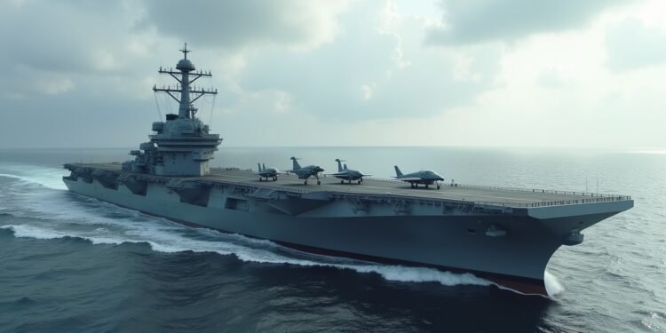 صورة حاملة الطائرات فوجيان الصينية في البحر مع طائرات عسكرية على السطح.