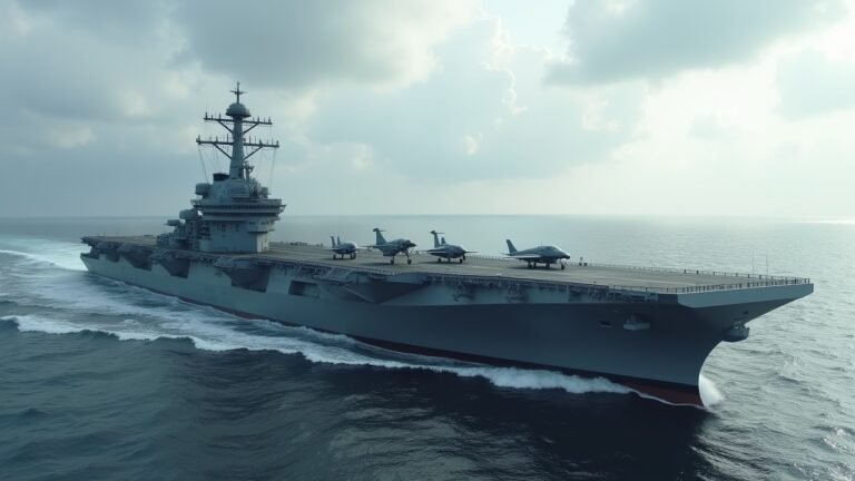 صورة حاملة الطائرات فوجيان الصينية في البحر مع طائرات عسكرية على السطح.