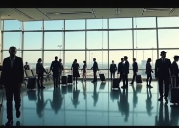 A busy airport scene with travelers and the presence of officials closely monitoring activities