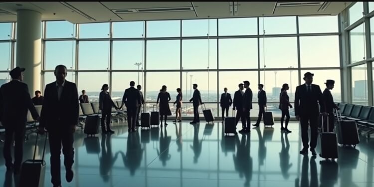 A busy airport scene with travelers and the presence of officials closely monitoring activities