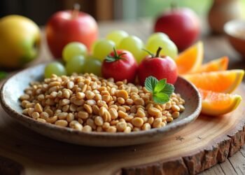 صورة لوجبة صحية تحتوي على الفواكه والمكسرات والحبوب الكاملة