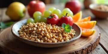 صورة لوجبة صحية تحتوي على الفواكه والمكسرات والحبوب الكاملة