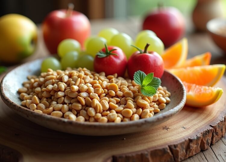 صورة لوجبة صحية تحتوي على الفواكه والمكسرات والحبوب الكاملة