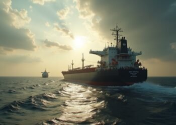 صورة واقعية لناقلة نفط تعبر مضيق هرمز المزدحم.