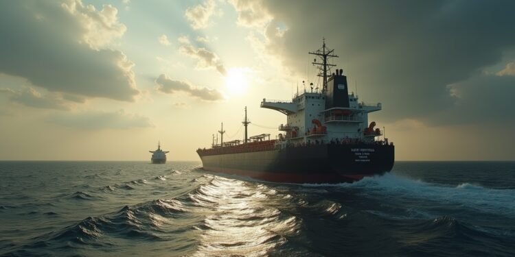 صورة واقعية لناقلة نفط تعبر مضيق هرمز المزدحم.