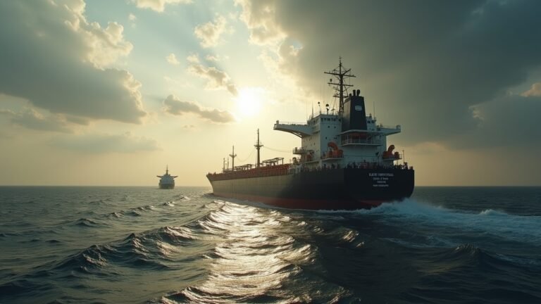 صورة واقعية لناقلة نفط تعبر مضيق هرمز المزدحم.