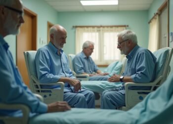 A scene depicting elderly patients receiving care in a healthcare facility, highlighting the seriousness of respiratory infections