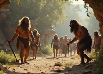 صورة واقعية لإنسان نياندرتال أثناء الصيد في بيئة ما قبل التاريخ