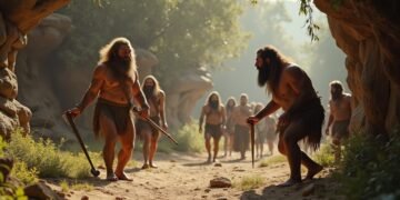 صورة واقعية لإنسان نياندرتال أثناء الصيد في بيئة ما قبل التاريخ