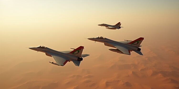 Military aircraft representing the air forces of Morocco and Algeria flying over a desert landscape.
