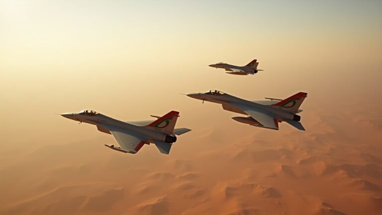 Military aircraft representing the air forces of Morocco and Algeria flying over a desert landscape.