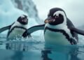 A group of macaroni penguins swimming gracefully in the cold Southern Ocean, highlighting their strong muscles.