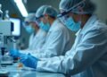 Scene portraying scientists in a laboratory focusing on advanced reproductive technologies