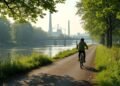 A scenic view of the Ruhr Valley bicycle path celebrating 20 years, blending nature and industrial sites.